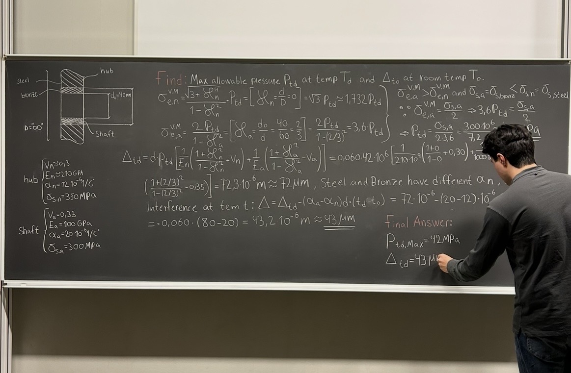 Working through a solid mechanics problem at the chalkboard.